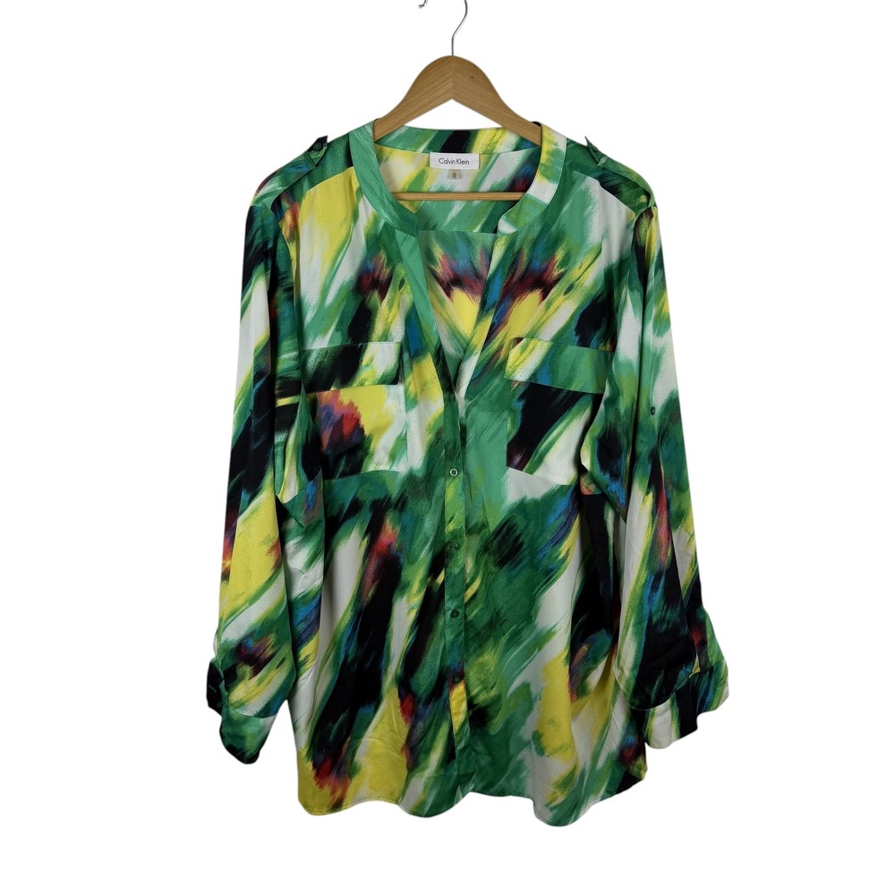 Calvin Klein Abstract Brushstroke Roll Tab Sleeve Button Down Blouse 2X Colorful